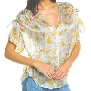 New Vince Lotus Ruched Dolman Sleeve Silk Floral Short-Sleeve Blouse, M